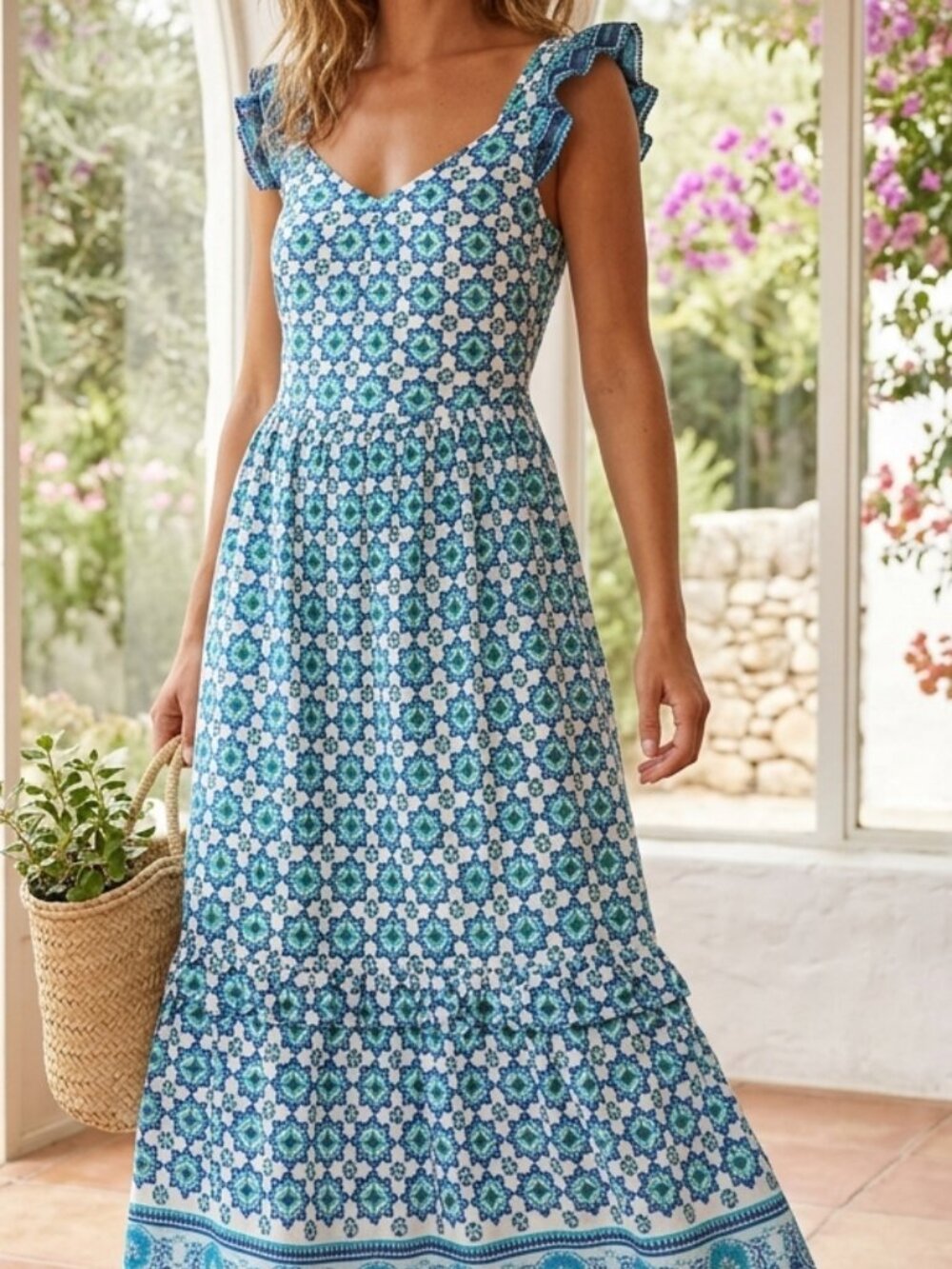 Haute Hippie Style Blue White Smocked Tiered Maxi Dress Size S Boho
